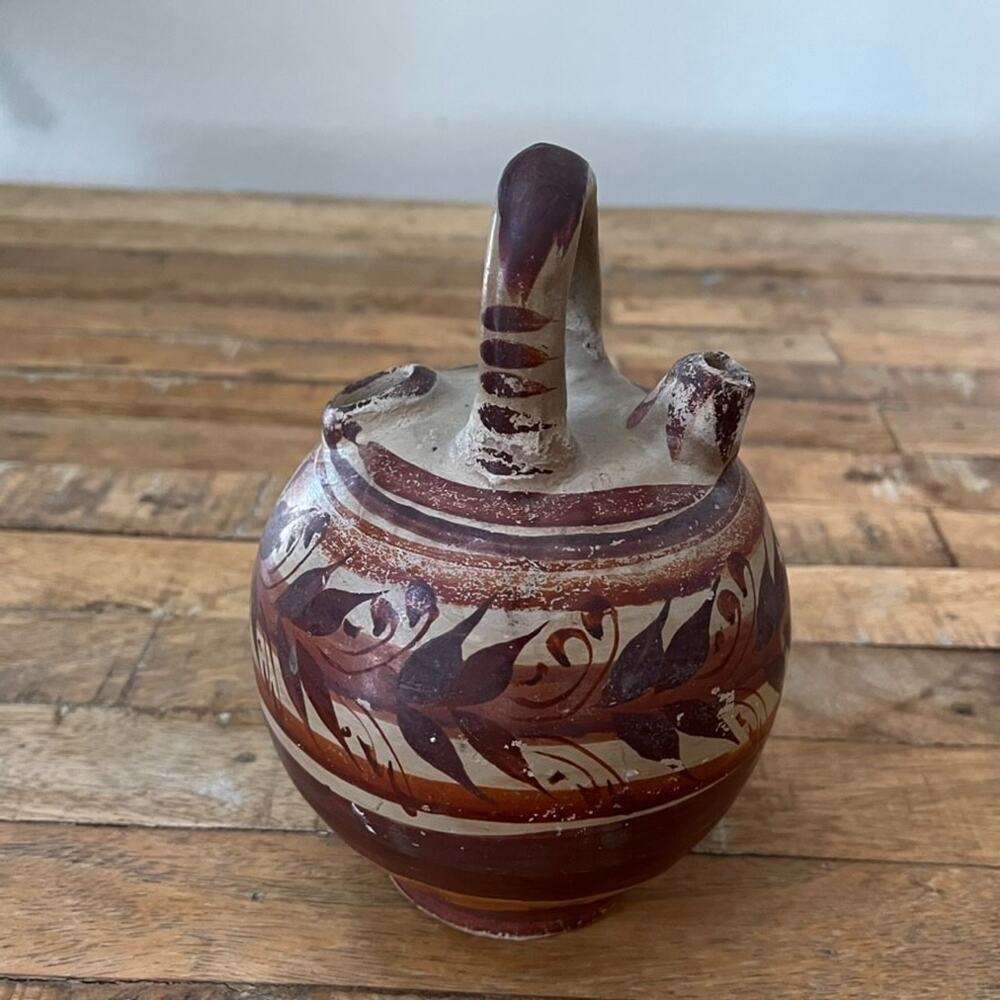 Mexican Folk Art Pottery Clay Pitcher 7.5" Earthy Rustic Tones Hand Painted